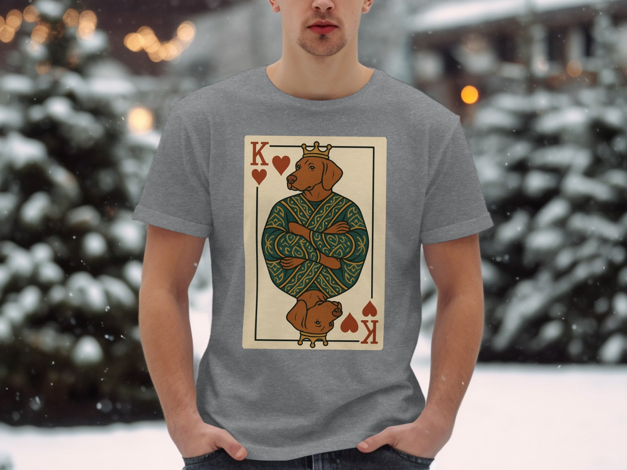 Grey t-shirt with a King of Hearts playing card featuring a dog's head.