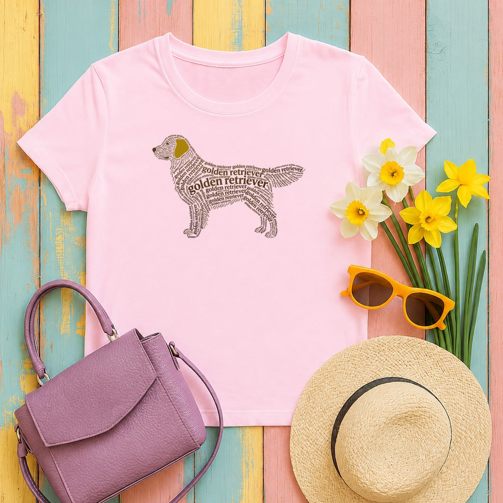 Golden Retriever Typographic Art T-Shirt in Light Pink