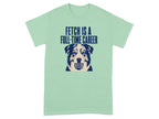 Mint green t-shirt with a dog holding a ball and text "FETCH IS A FULL-TIME CAREER".