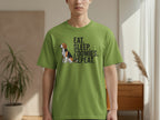 Green t-shirt with "EAT. SLEEP. ZOOMIES. REPEAT." and a beagle dog graphic.