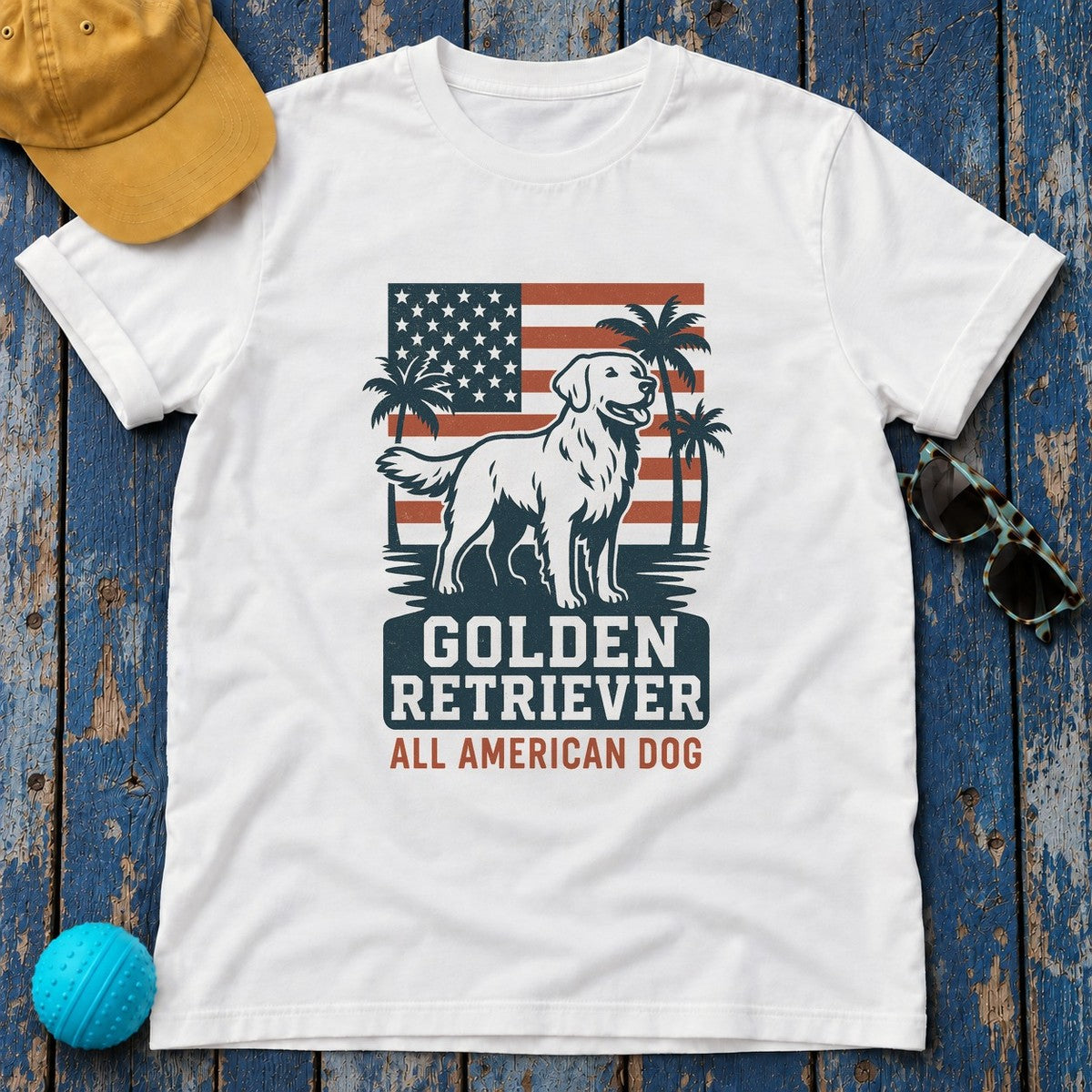 Golden Retriever All American Dog with Flag and Palms T-Shirt in White