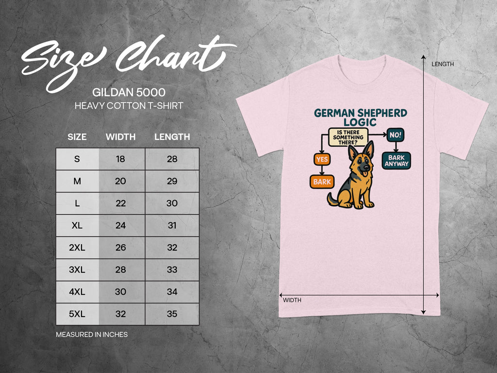 Gildan 5000 T-shirt size chart with German Shepherd cartoon and size measurements.