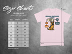 Gildan 5000 T-shirt size chart with German Shepherd cartoon and size measurements.