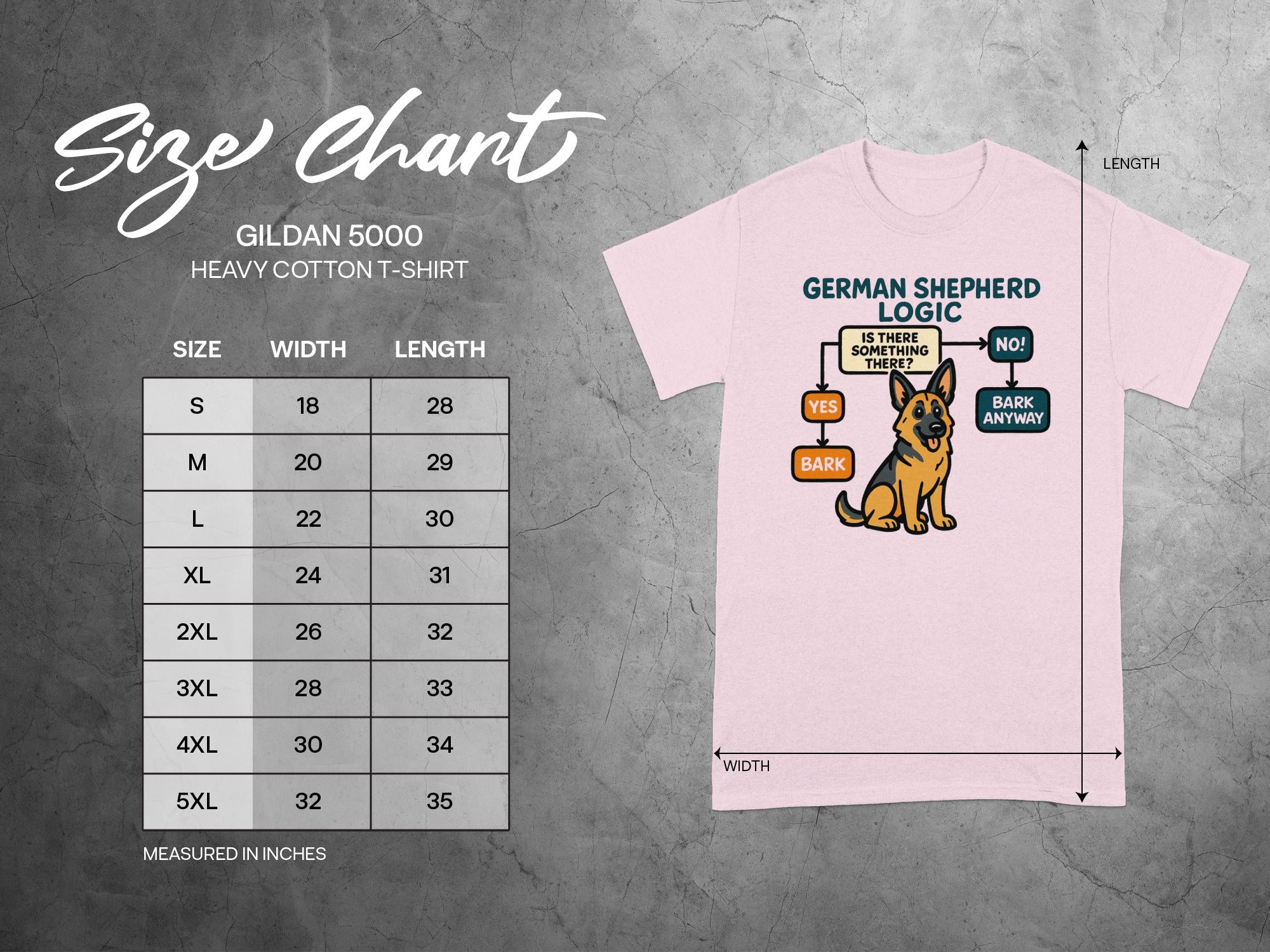 Gildan 5000 T-shirt size chart with German Shepherd cartoon and size measurements.