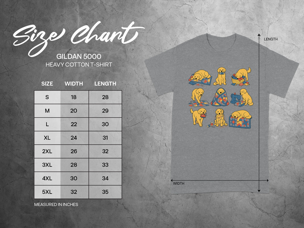 Size chart for Gildan 5000 Heavy Cotton T-Shirt with dog graphics.