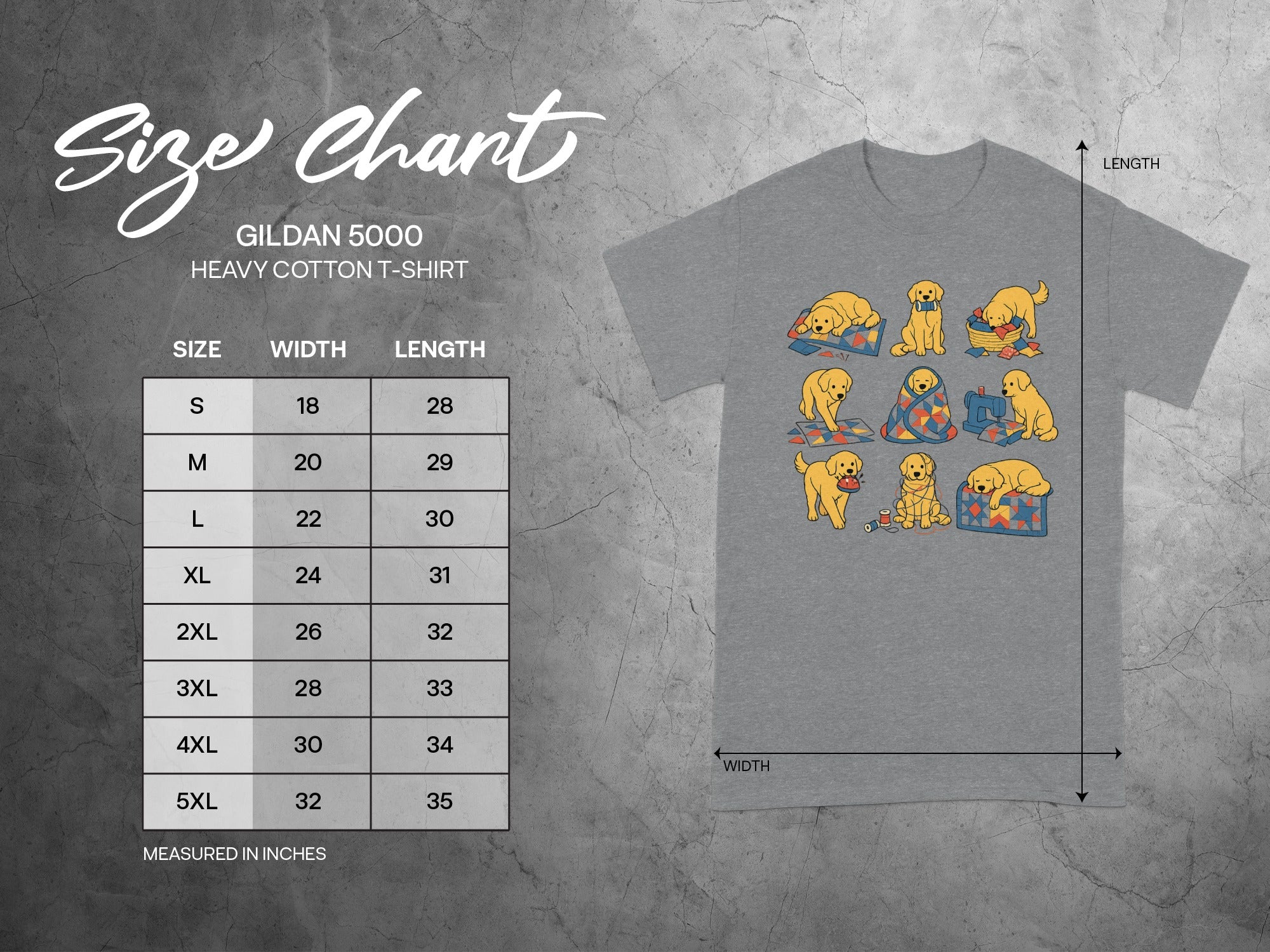 Size chart for Gildan 5000 Heavy Cotton T-Shirt with dog graphics.
