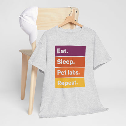 Color Block Unisex T-Shirt with Retro Sunset Colors and 'Eat Sleep Pet Labs Repeat' Text