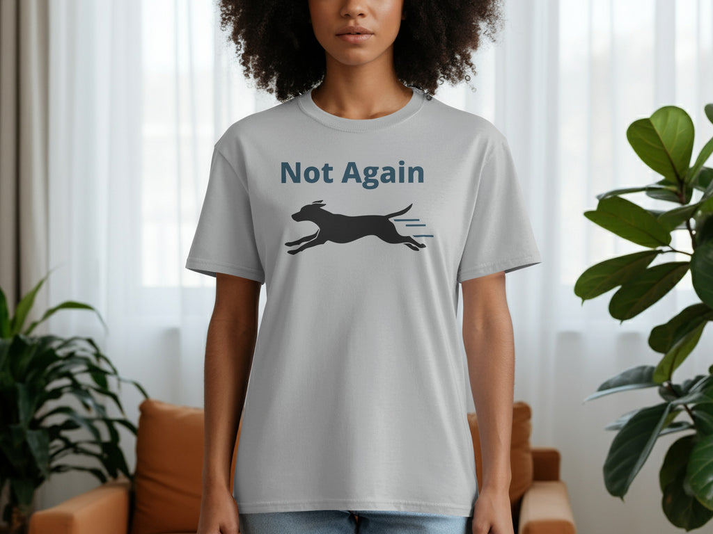 Not Again Graphic Tee with Running Dog Illustration