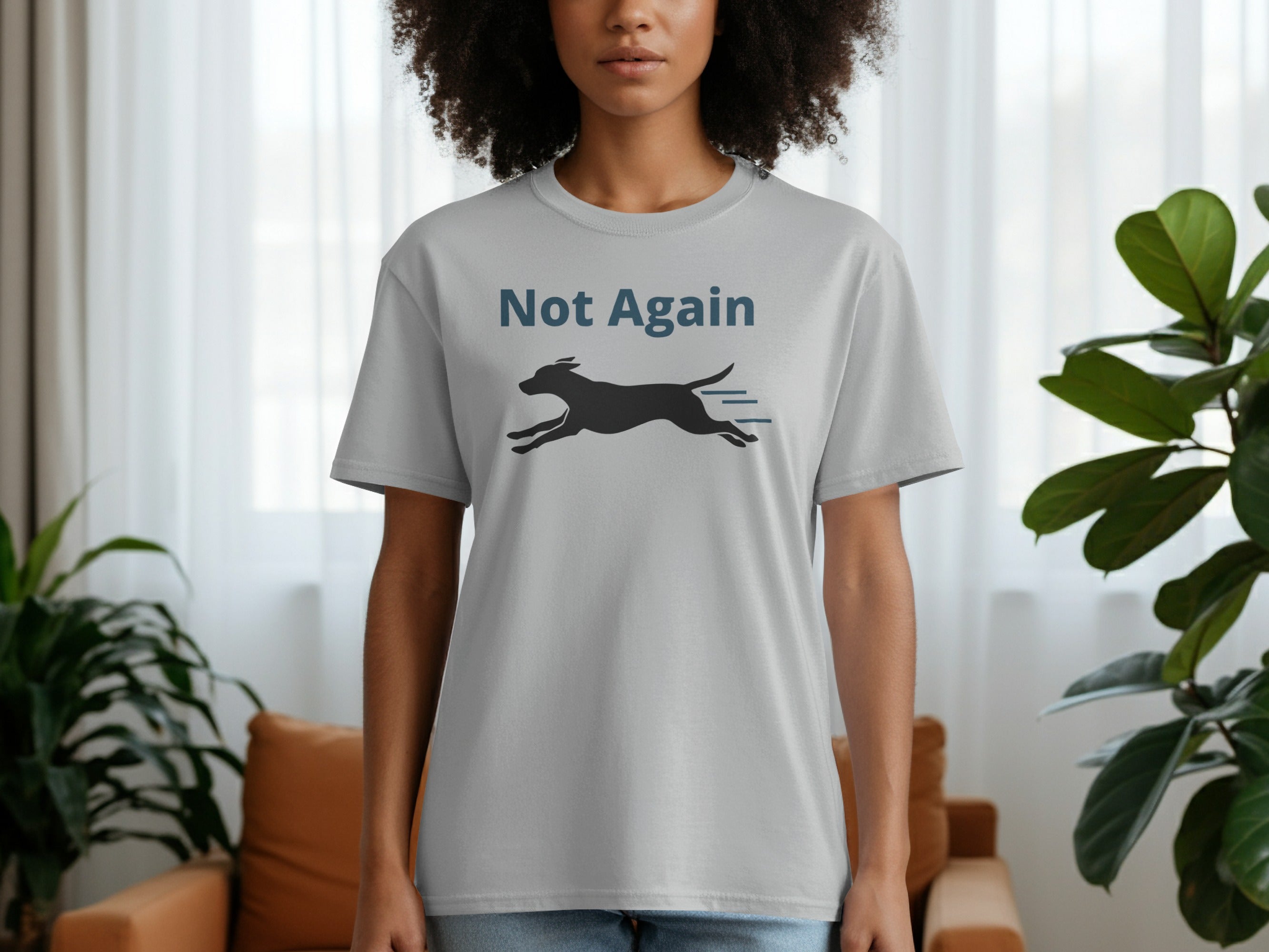 Not Again Graphic Tee with Running Dog Illustration