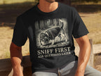 Black t-shirt with "SNIFF FIRST ASK QUESTIONS LATER" text and dog illustration.