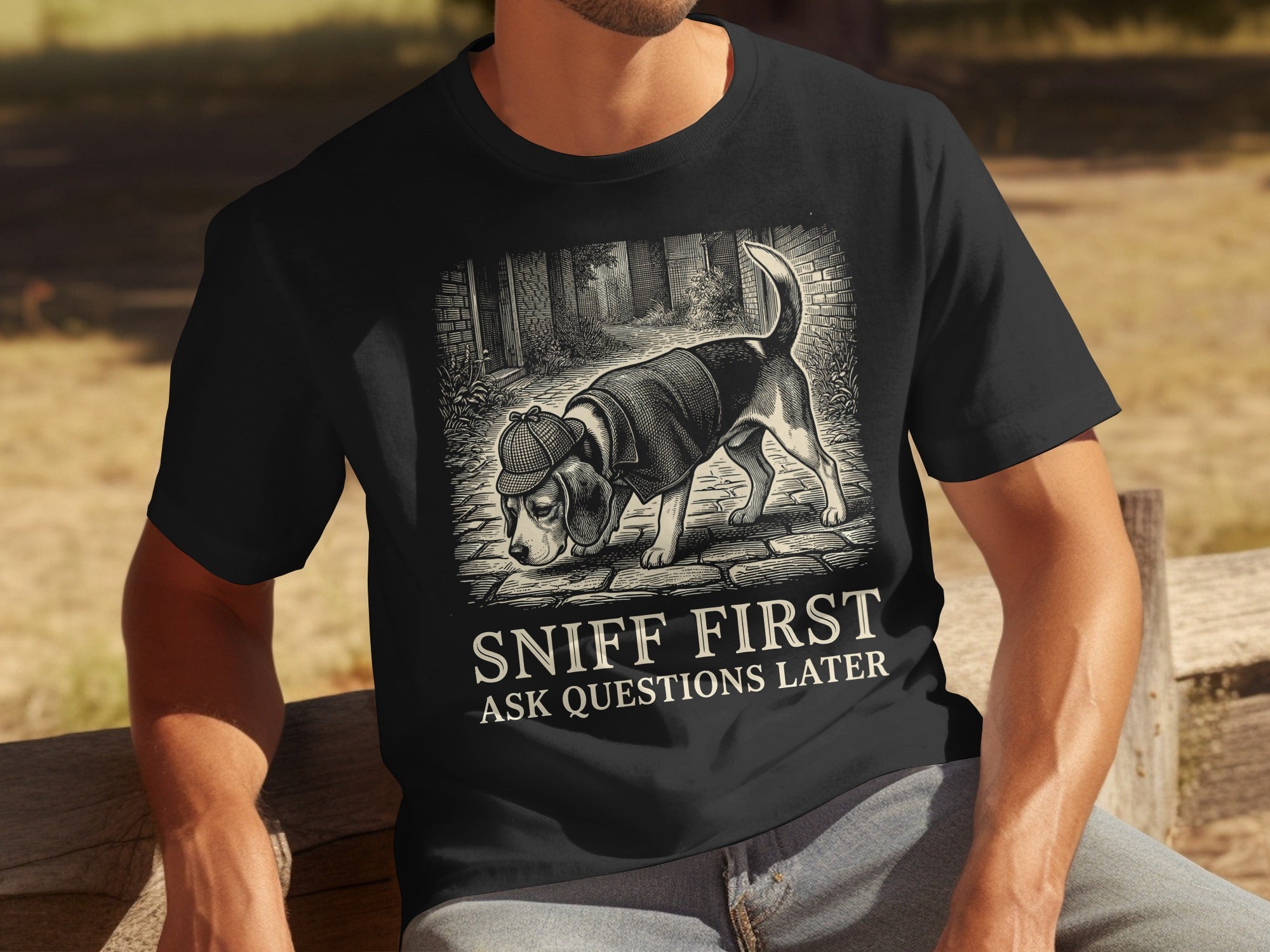 Black t-shirt with "SNIFF FIRST ASK QUESTIONS LATER" text and dog illustration.
