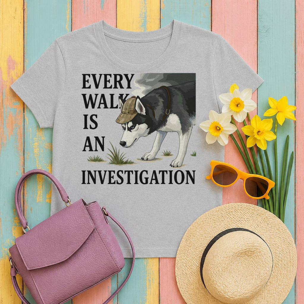 Every Walk is an Investigation Dog Detective Husky T-Shirt in Sport Grey