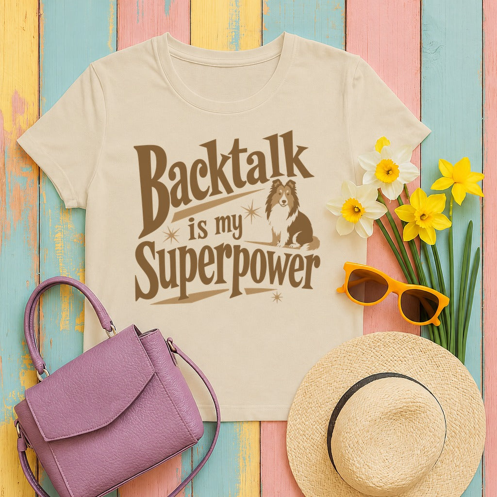 The Backtalk Sheltie Superpower Sheltie T-Shirt in Sand