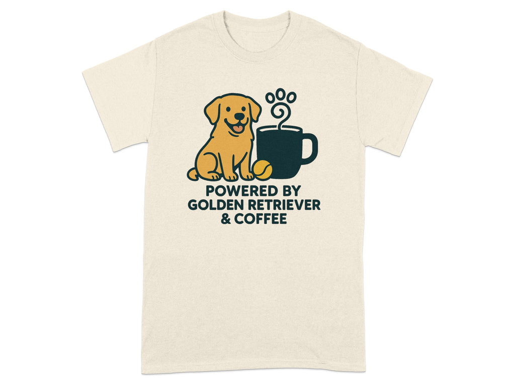 Cream t-shirt with golden retriever, coffee cup, and text "POWERED BY GOLDEN RETRIEVER & COFFEE".
