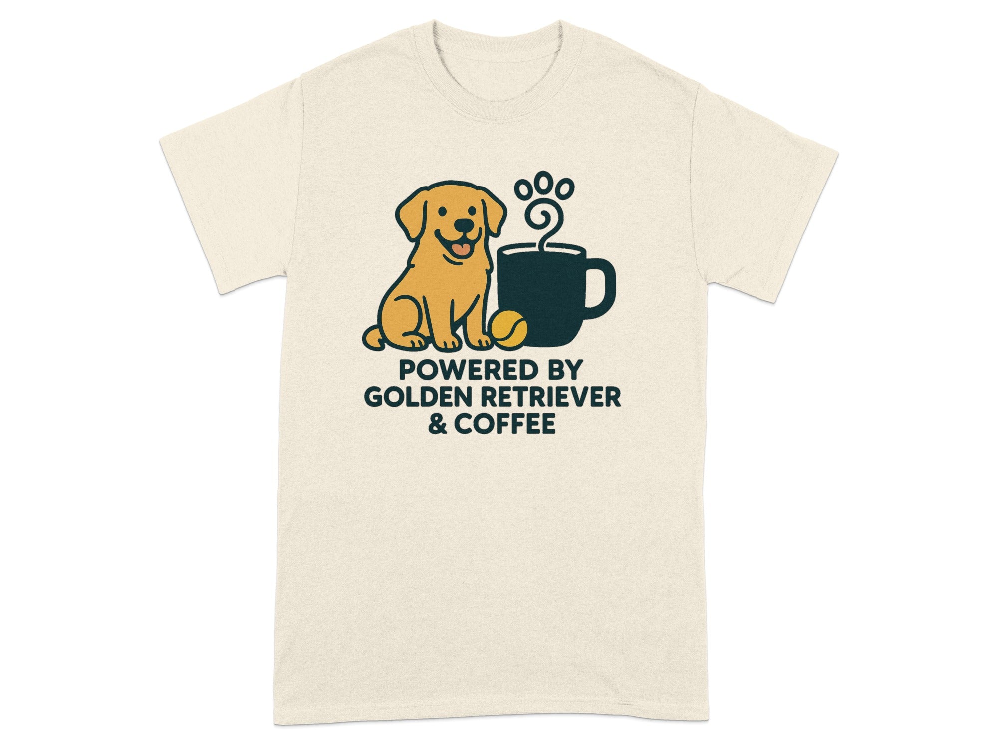 Cream t-shirt with golden retriever, coffee cup, and text "POWERED BY GOLDEN RETRIEVER & COFFEE".