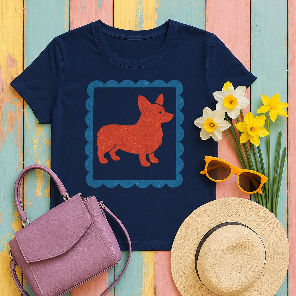 Cute Cartoon Corgi Dog Inside Ornamental Frame T-Shirt in Navy