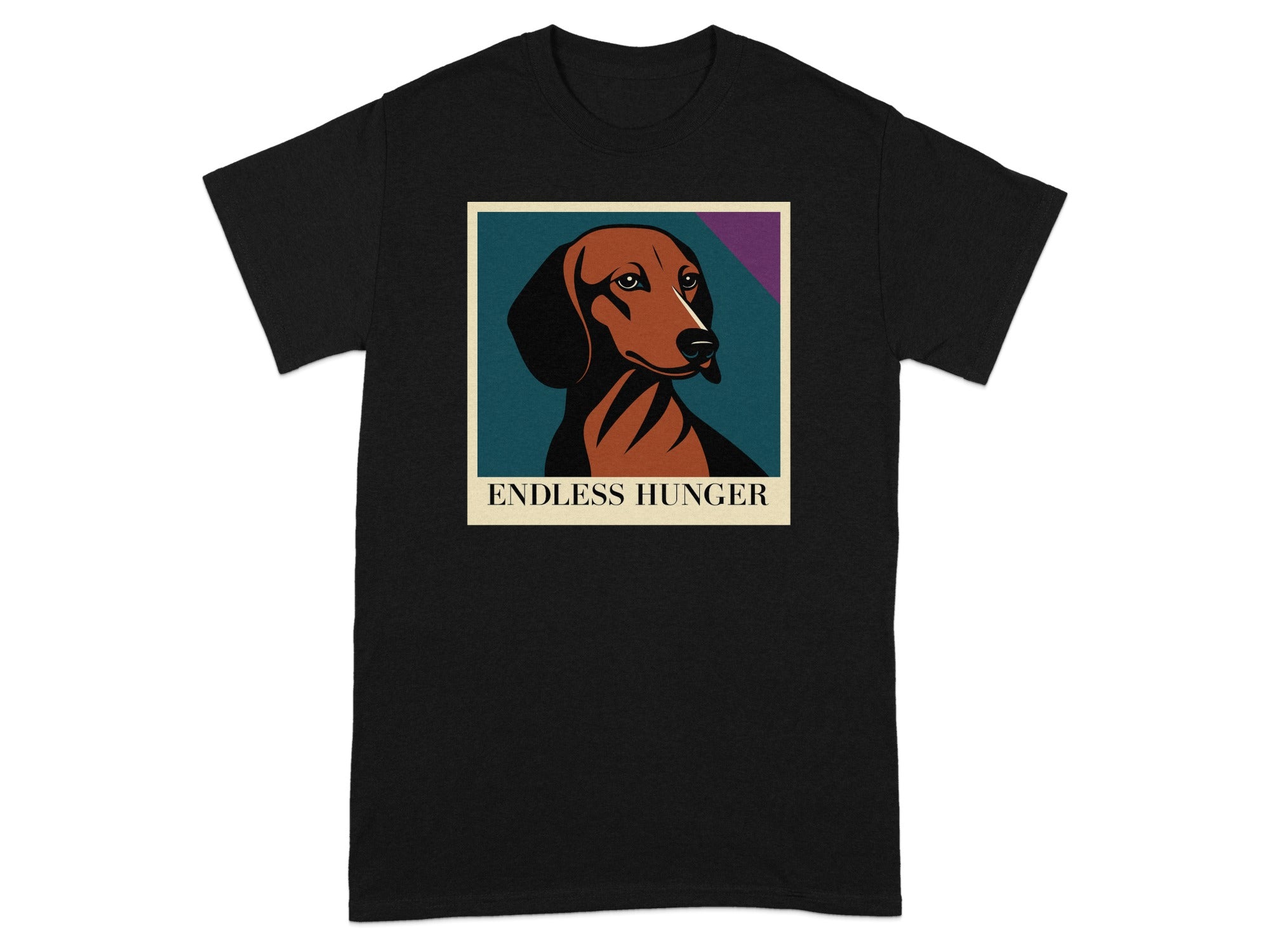Black t-shirt with portrait of a dachshund and text "ENDLESS HUNGER".