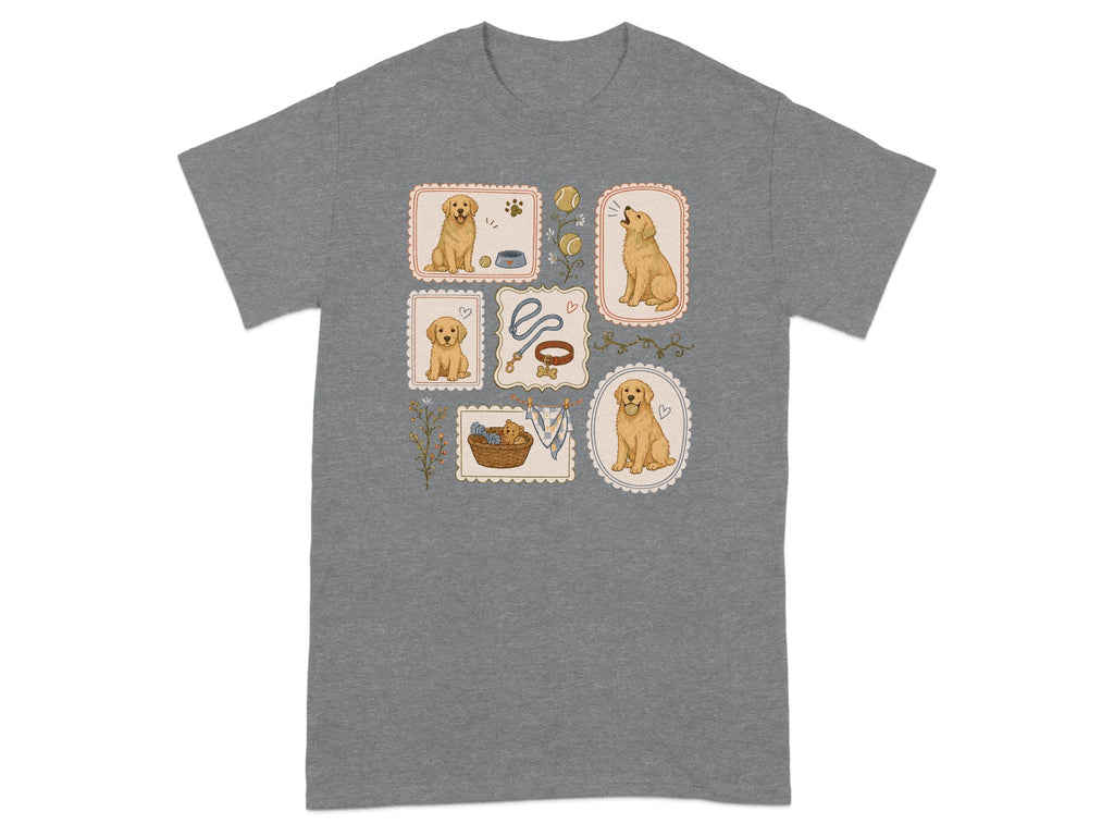 T-shirt with illustrations of golden retrievers in decorative frames and a basket of toys.