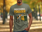 Green t-shirt with "Professional Forager" text and dog reaching for food.