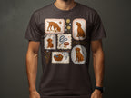 Brown t-shirt with illustrations of dogs, tennis balls, and pet accessories.