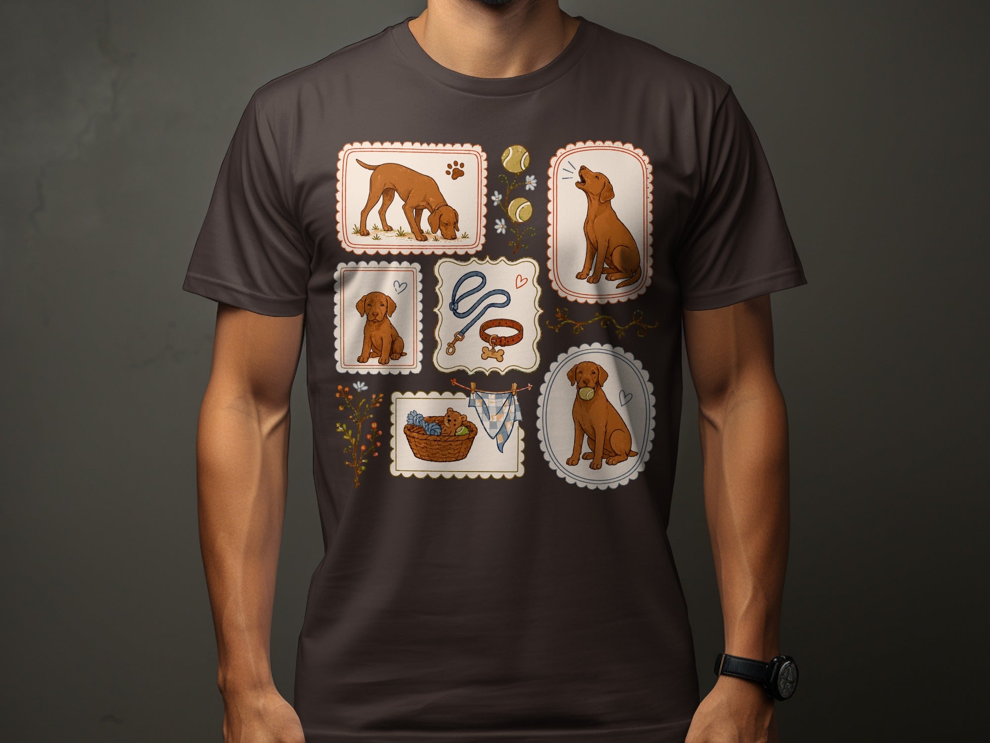 Brown t-shirt with illustrations of dogs, tennis balls, and pet accessories.