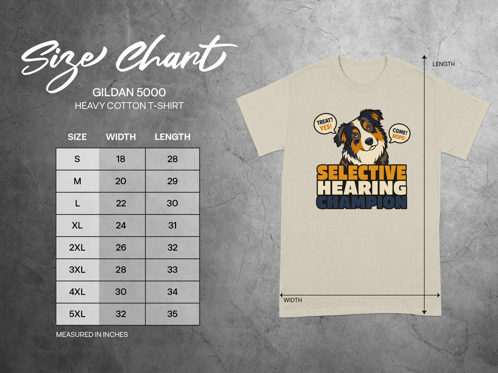 Gildan 5000 size chart with width and length measurements for t-shirts.