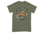 Olive t-shirt with poodle jumping obstacle, text "Powered by Intelligence & Sassiness."