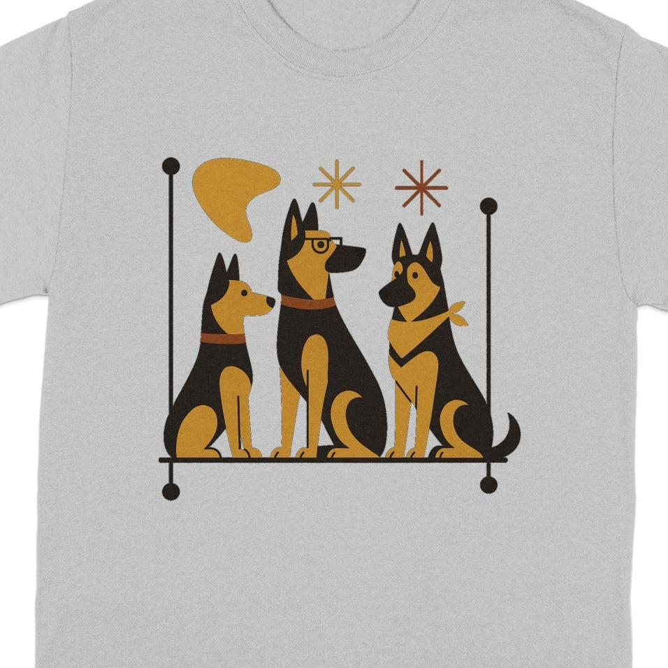 Three stylized German Shepherds sit on a shelf with abstract shapes above them.
