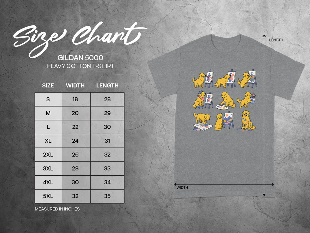 Gildan 5000 heavy cotton t-shirt size chart showing width and length in inches.