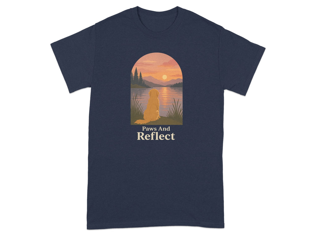 Golden retriever gazes at sunset over lake with text "Paws And Reflect".