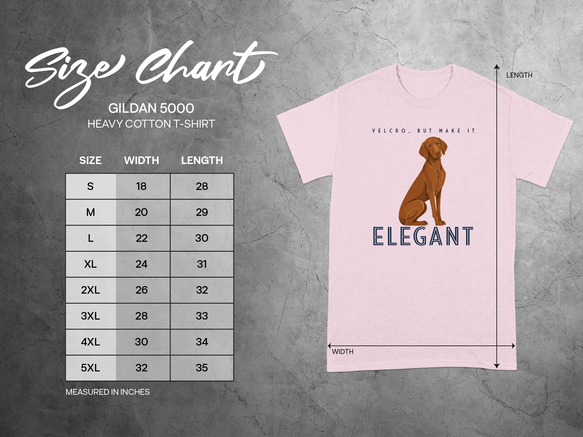 Gildan 5000 size chart for heavy cotton t-shirts with measurements.