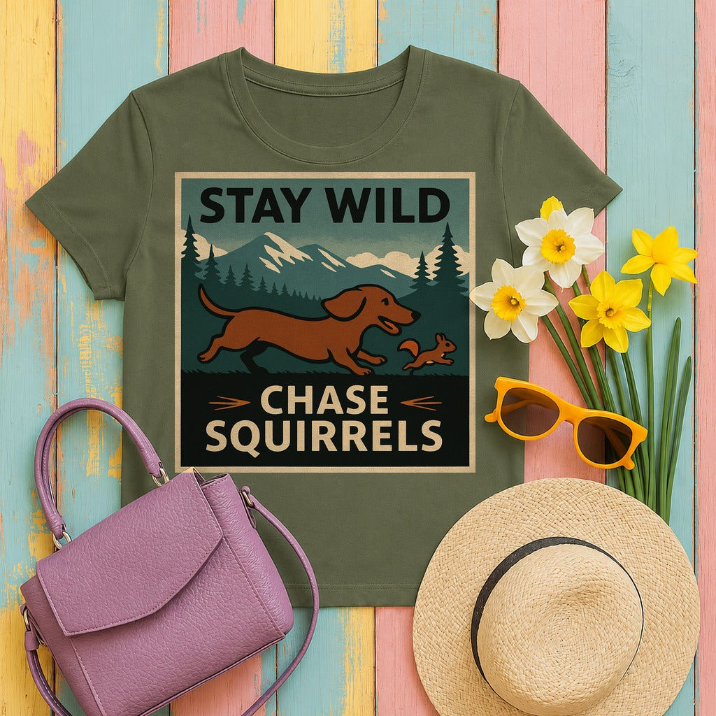 Stay Wild Dachshund Chase T-Shirt in Military Green