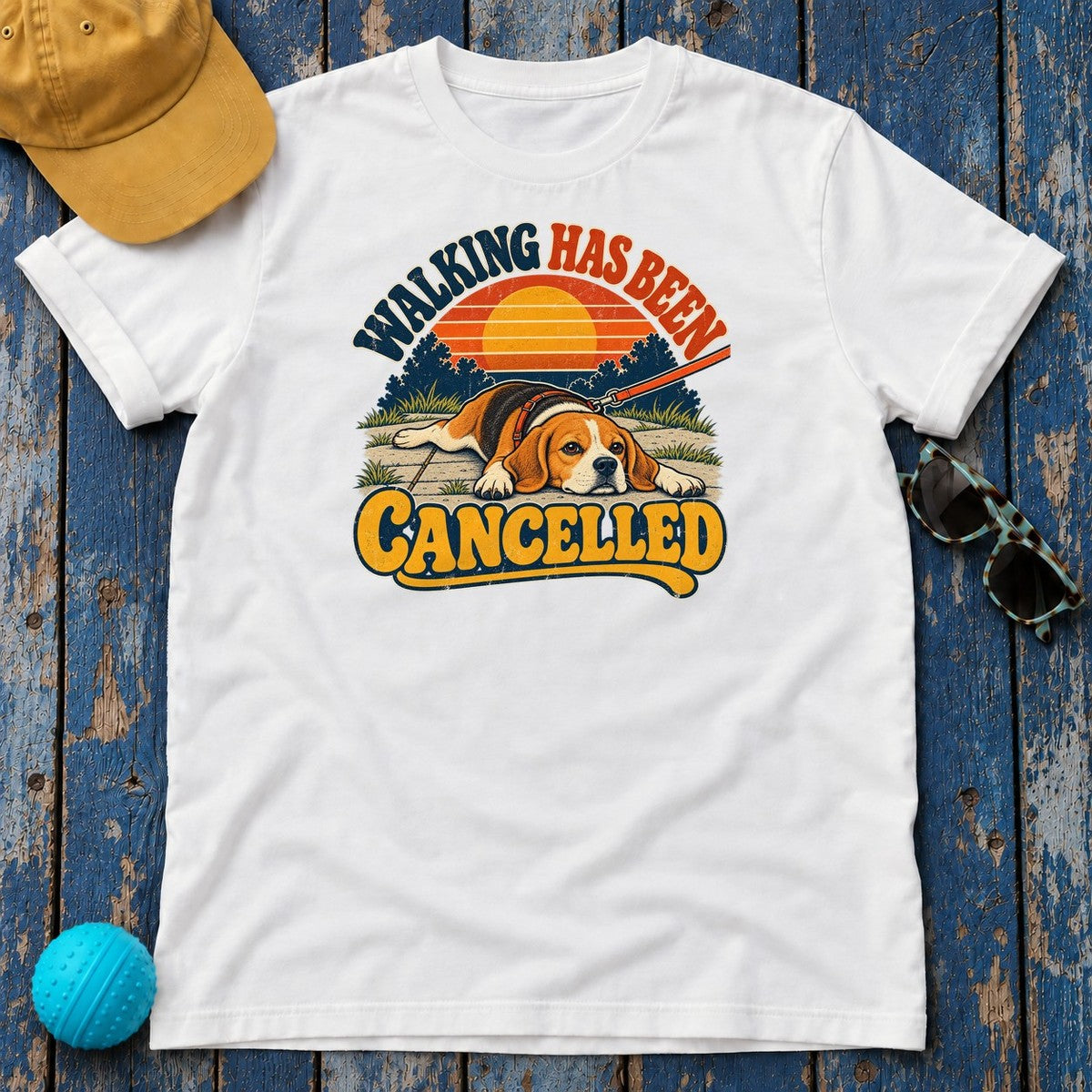 Walking Has Been Cancelled Beagle T-Shirt in White - flat lay