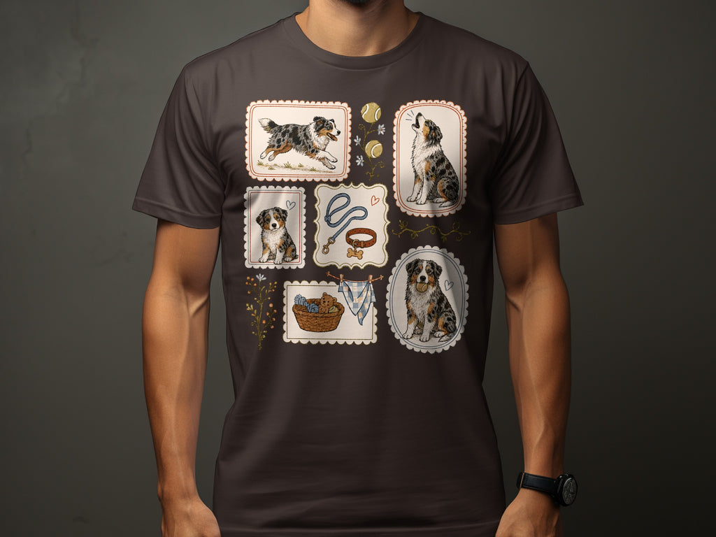 T-shirt with framed illustrations of Australian Shepherd dogs and accessories.