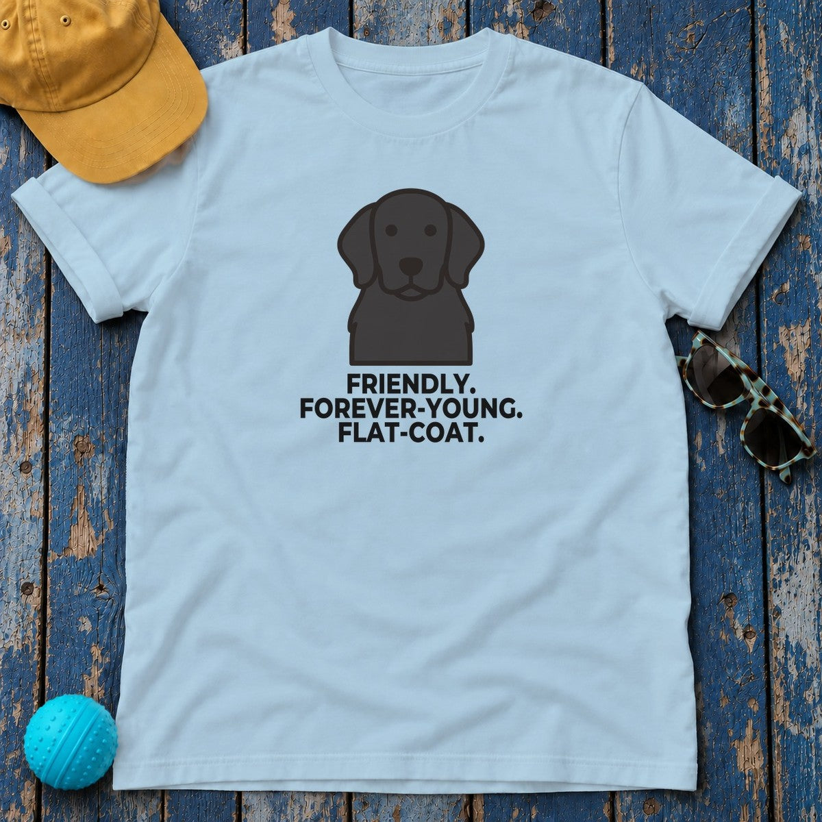 Friendly. Forever-Young. Flat-Coat. Flat-Coated Retriever T-Shirt in Light Blue
