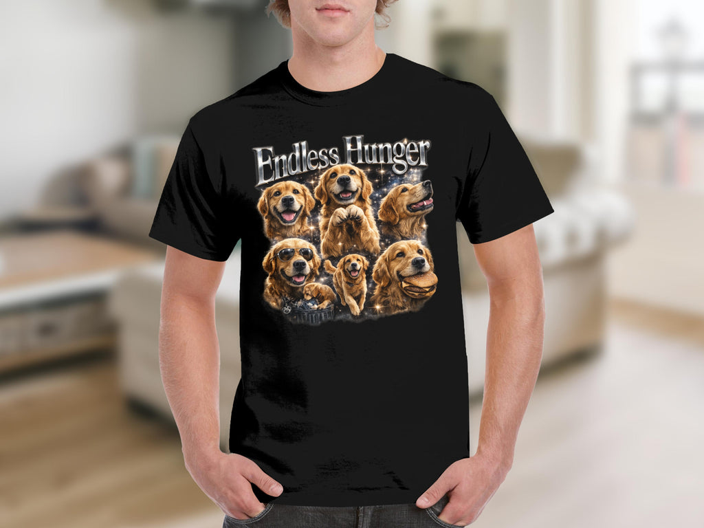 Black t-shirt with "Endless Hunger" text above multiple golden retrievers.