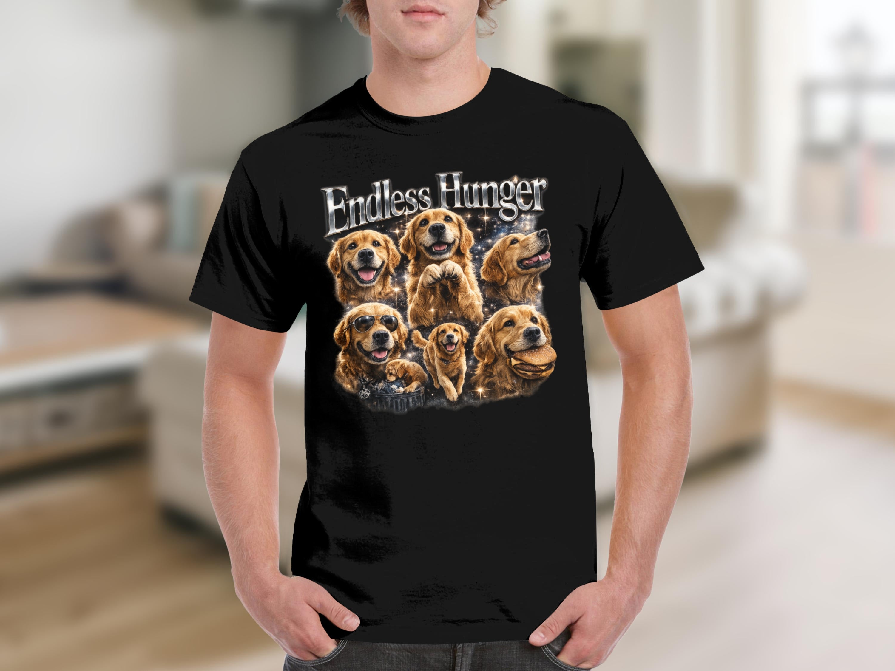 Black t-shirt with "Endless Hunger" text above multiple golden retrievers.
