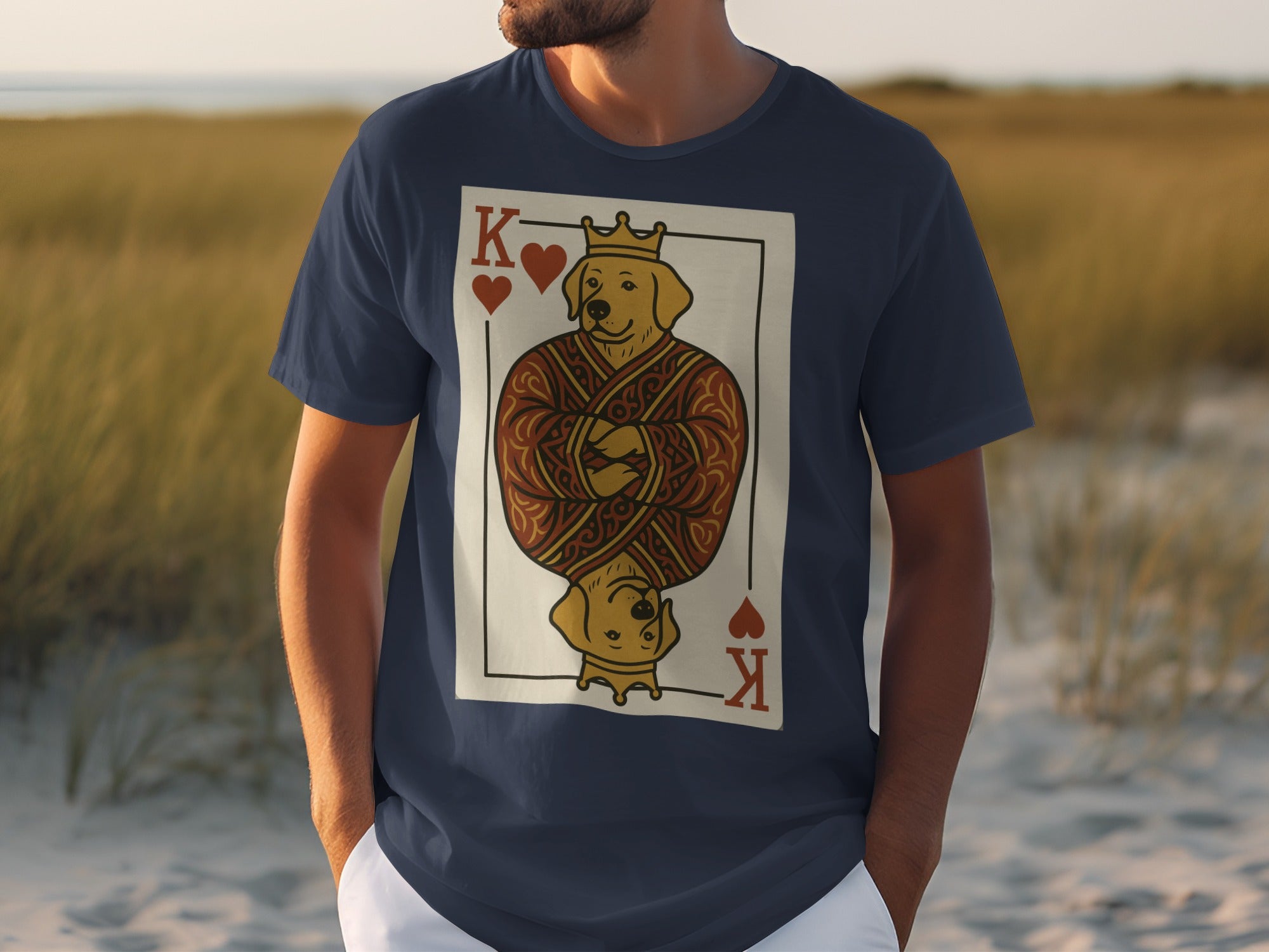 T-shirt with King of Hearts golden retriever playing card graphic.