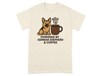 German Shepherd and coffee mug graphic with text "POWERED BY GERMAN SHEPHERD & COFFEE".
