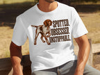 White t-shirt with brown dog and "SPOTTED. OBSESSED. UNSTOPPABLE." text.