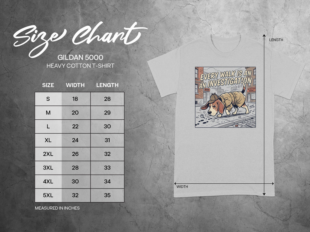 Gildan 5000 t-shirt size chart with diagram and detective dog graphic.