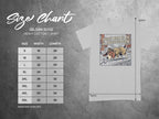 Gildan 5000 t-shirt size chart with diagram and detective dog graphic.