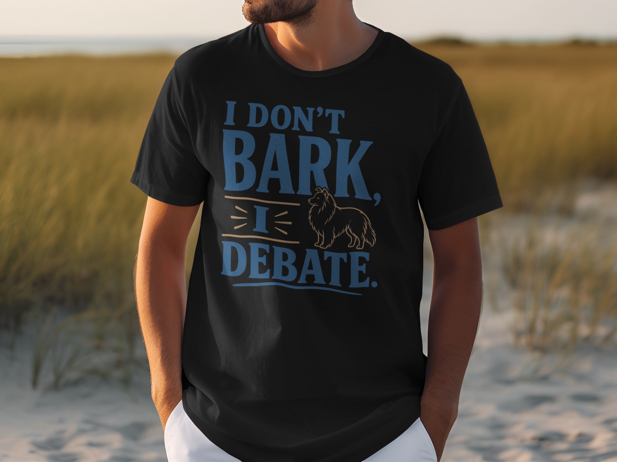 Black t-shirt with a dog graphic and text "I DON'T BARK. I DEBATE."
