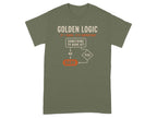 Olive t-shirt with flowchart titled "Golden Logic" about barking.
