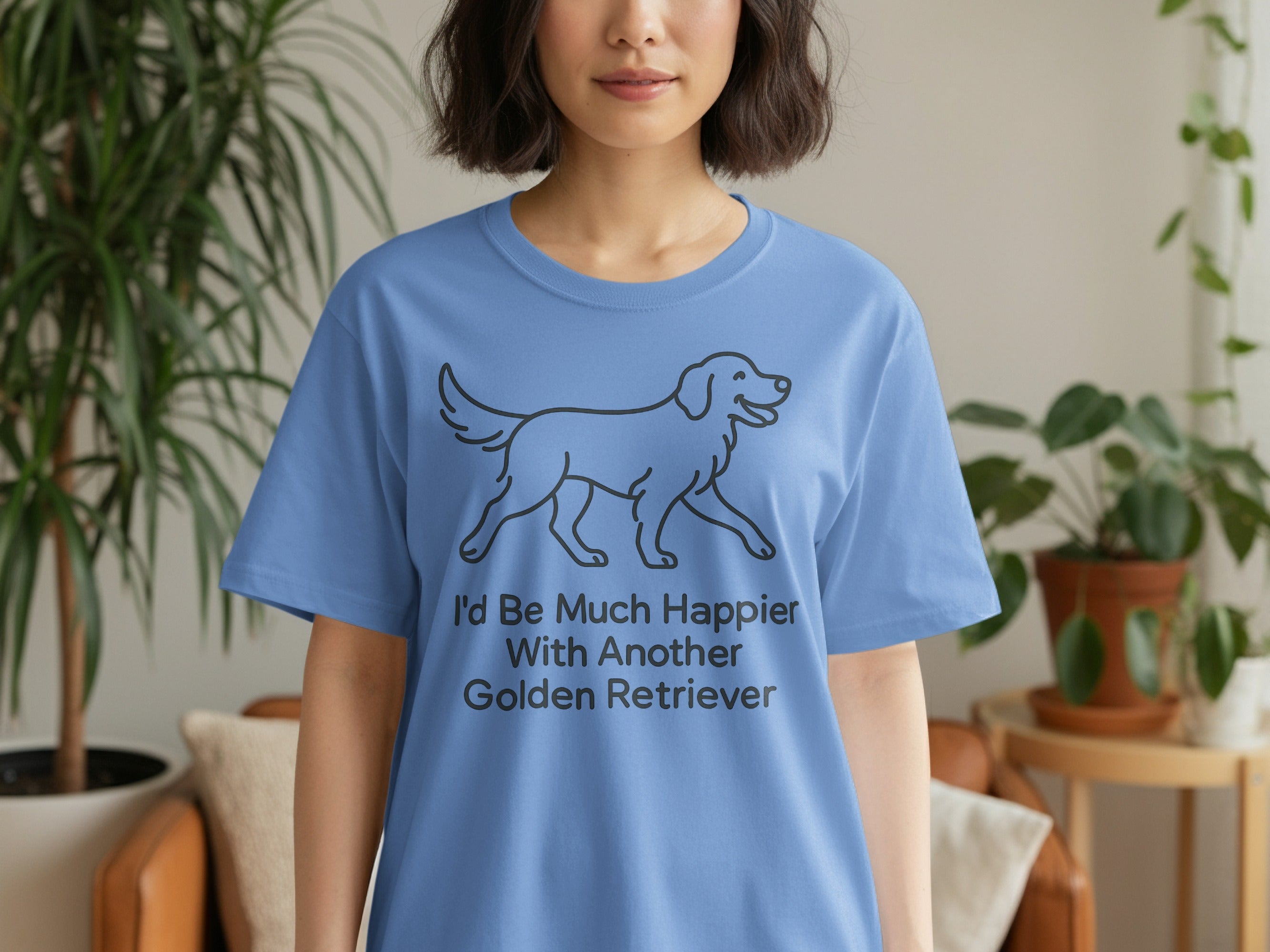 Blue t-shirt with line drawing of a dog and text: "I'd Be Much Happier With Another Golden Retriever".