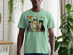 T-shirt graphic with three cartoon dogs, a boomerang, and stars on a pale green shirt.
