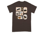 Dachshunds in various illustrated scenes on a dark brown t-shirt.