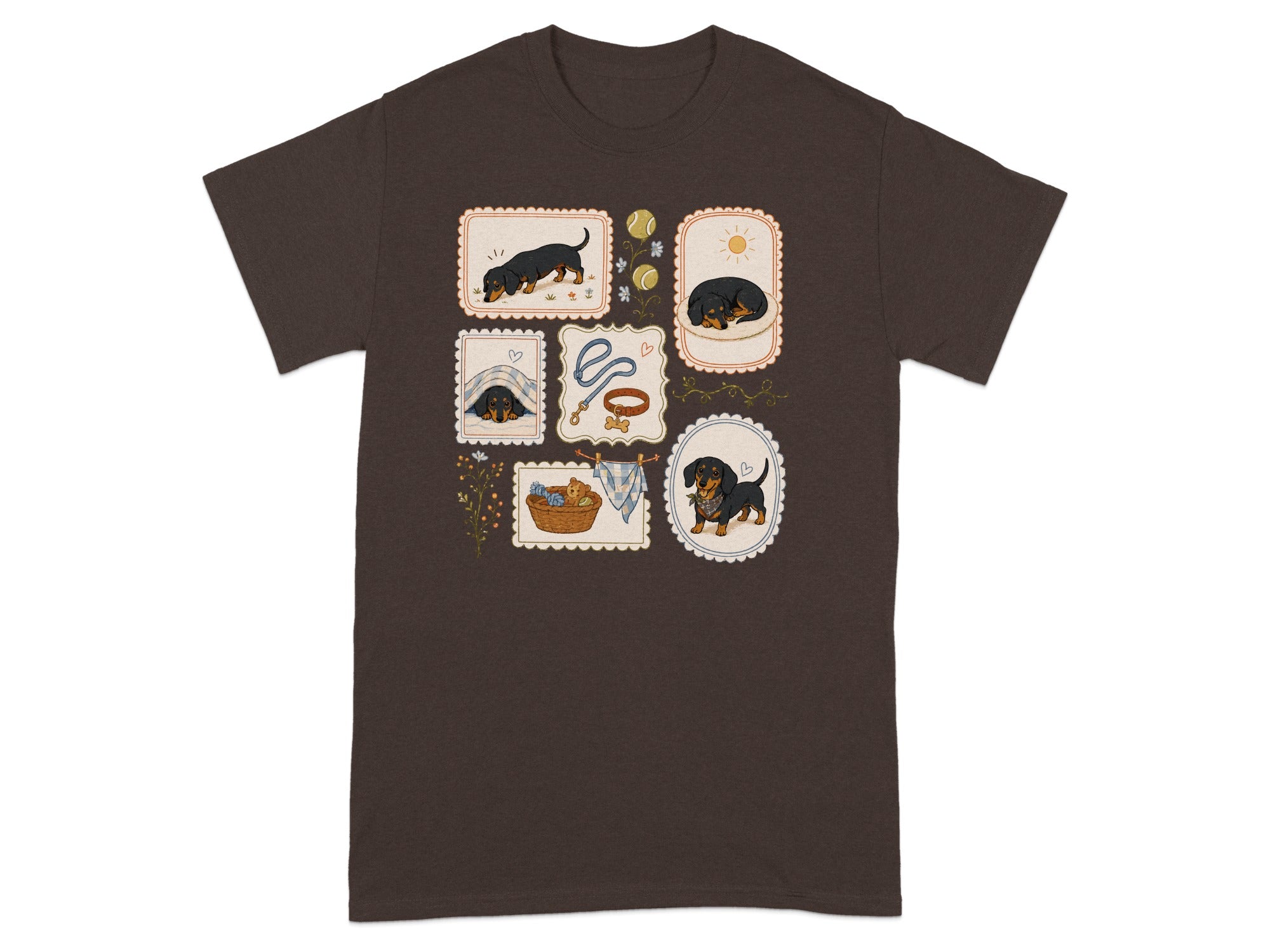 Dachshunds in various illustrated scenes on a dark brown t-shirt.