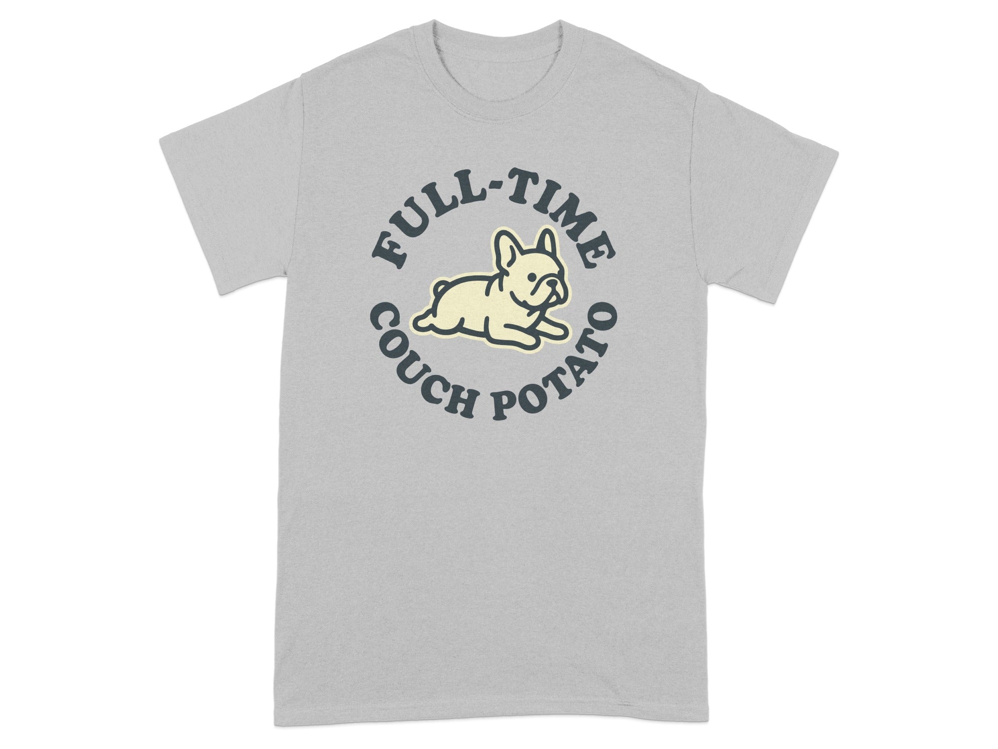 Gray t-shirt with "FULL-TIME COUCH POTATO" text and a cartoon dog.