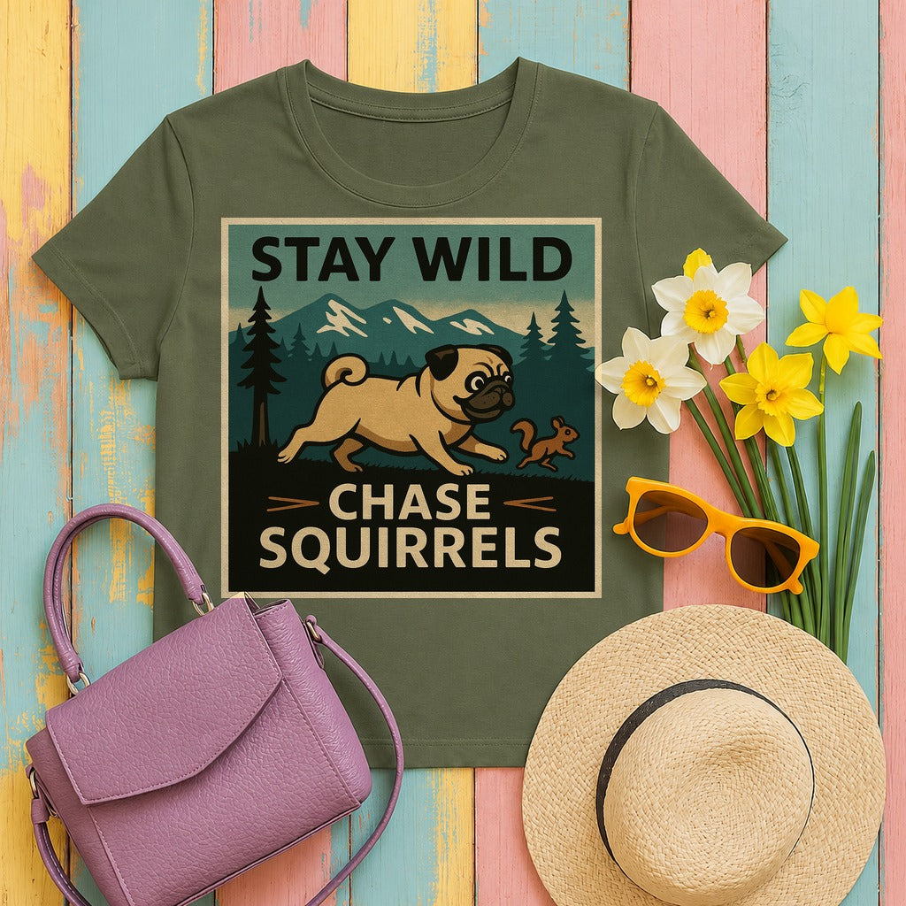 Stay Wild Pug Adventure T-Shirt in Military Green
